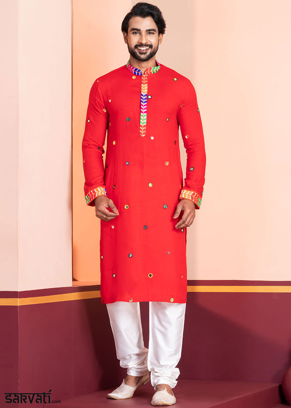Scarlet Red Rayon Kurta Pajama with Circular Mirror Embellishments