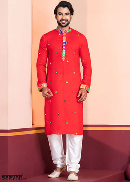 Scarlet Red Rayon Kurta Pajama with Circular Mirror Embellishments