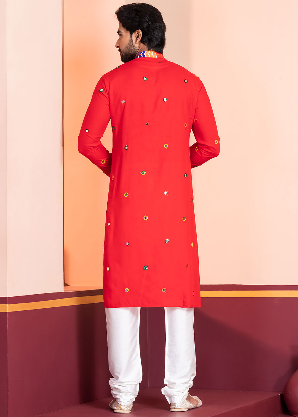 Scarlet Red Rayon Kurta Pajama with Circular Mirror Embellishments