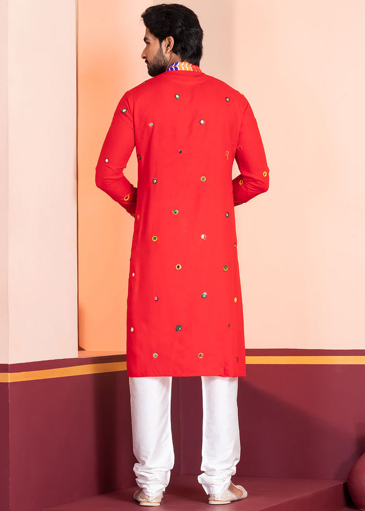 Scarlet Red Rayon Kurta Pajama with Circular Mirror Embellishments