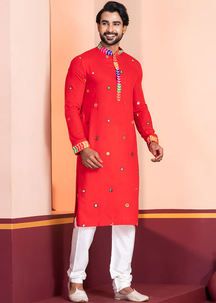 Scarlet Red Rayon Kurta Pajama with Circular Mirror Embellishments