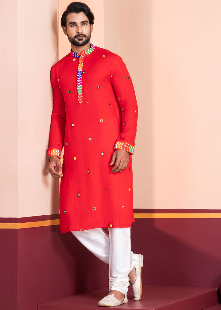 Scarlet Red Rayon Kurta Pajama with Circular Mirror Embellishments