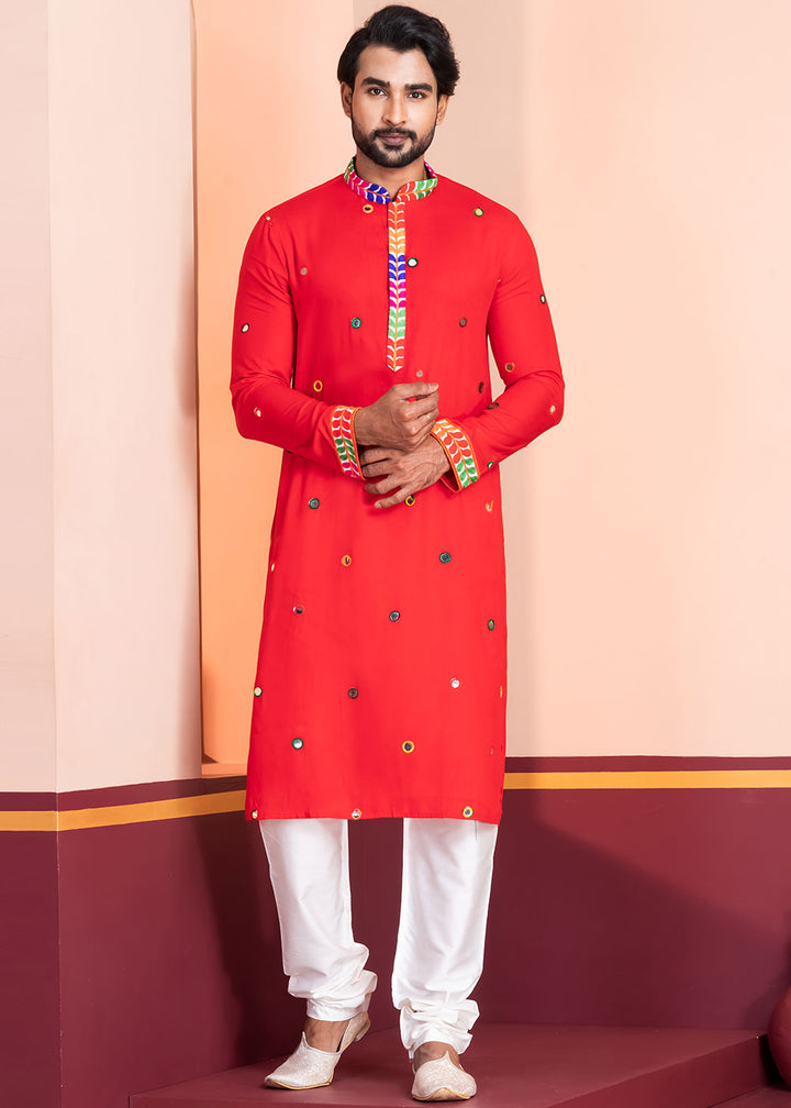 Scarlet Red Rayon Kurta Pajama with Circular Mirror Embellishments