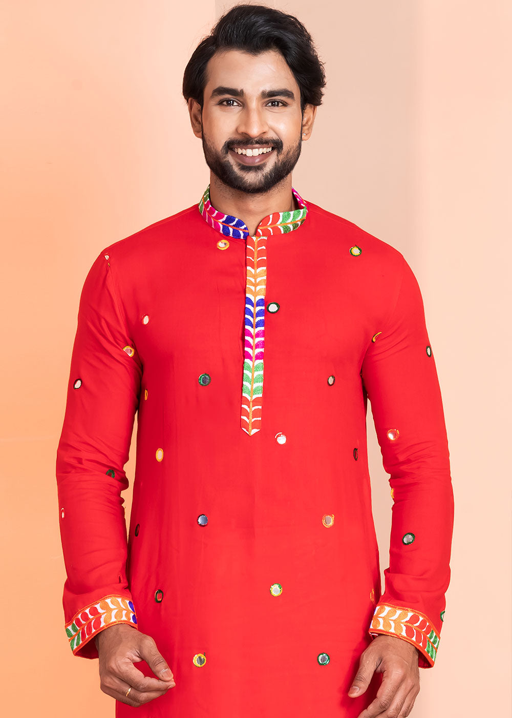 Scarlet Red Rayon Kurta Pajama with Circular Mirror Embellishments