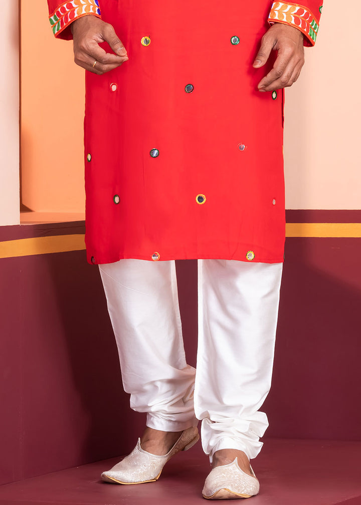Scarlet Red Rayon Kurta Pajama with Circular Mirror Embellishments