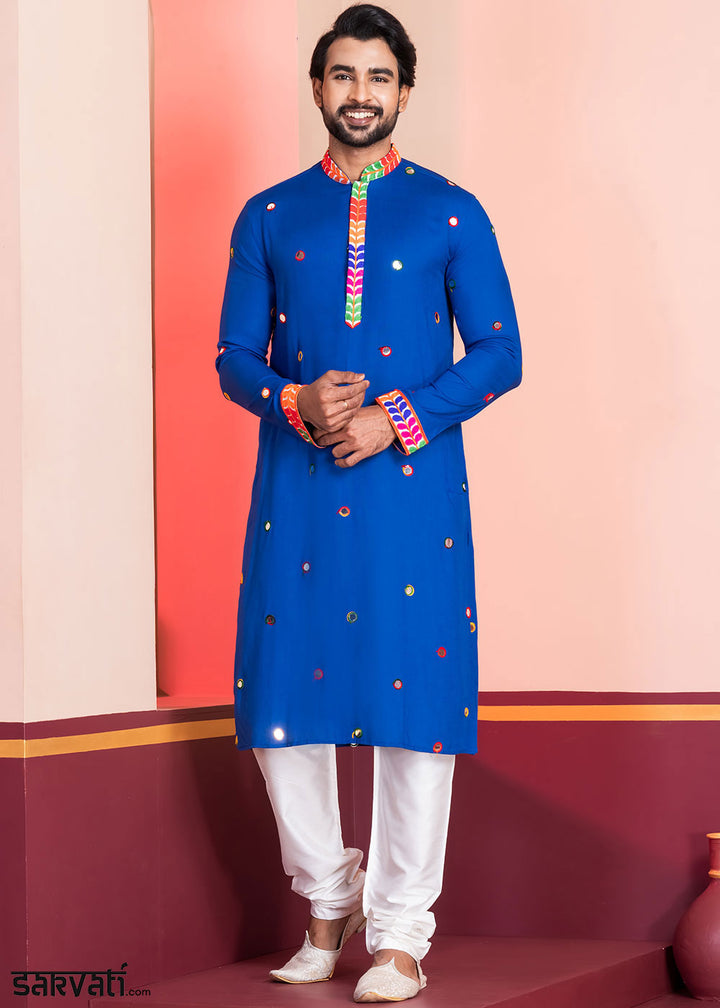 Medium Blue Rayon Kurta Pajama with Circular Mirror Embellishments