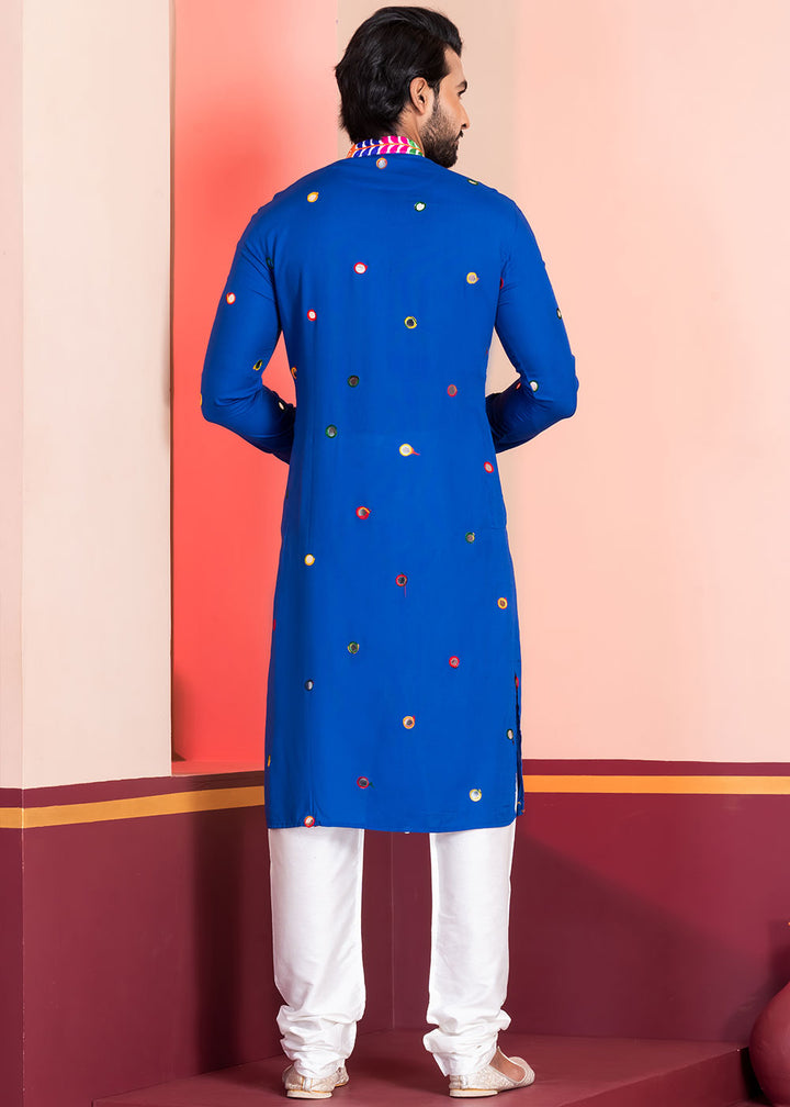 Medium Blue Rayon Kurta Pajama with Circular Mirror Embellishments