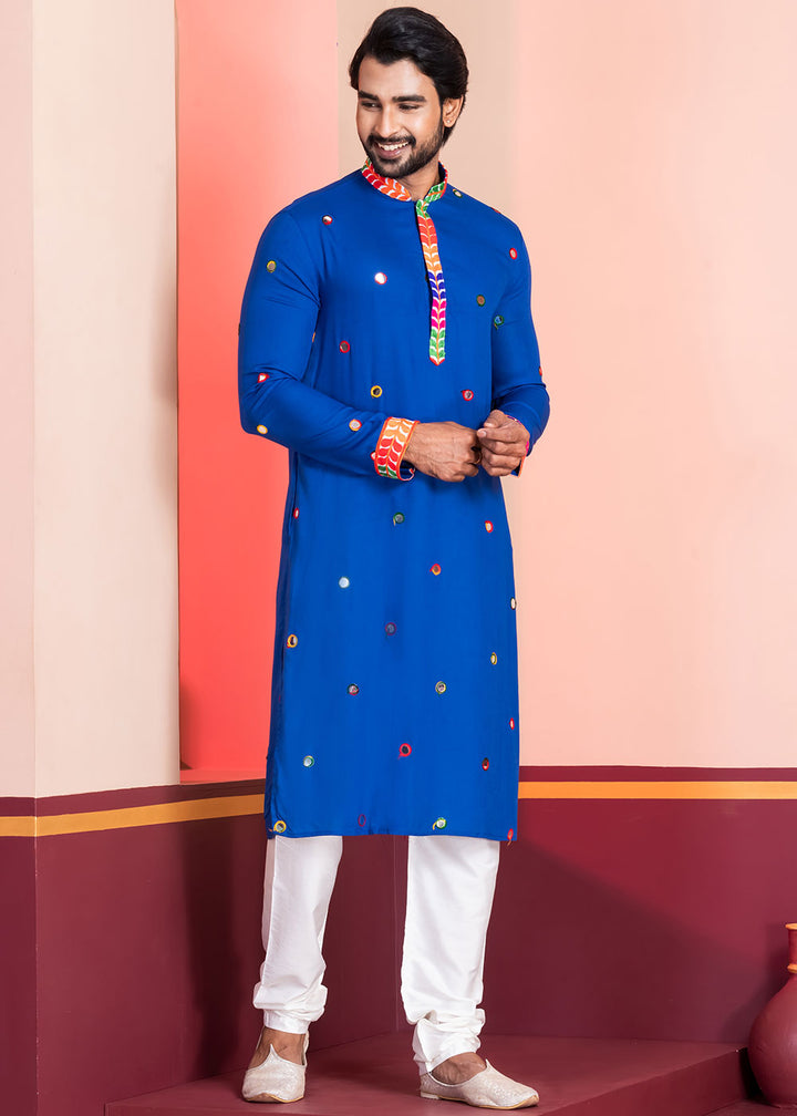 Medium Blue Rayon Kurta Pajama with Circular Mirror Embellishments