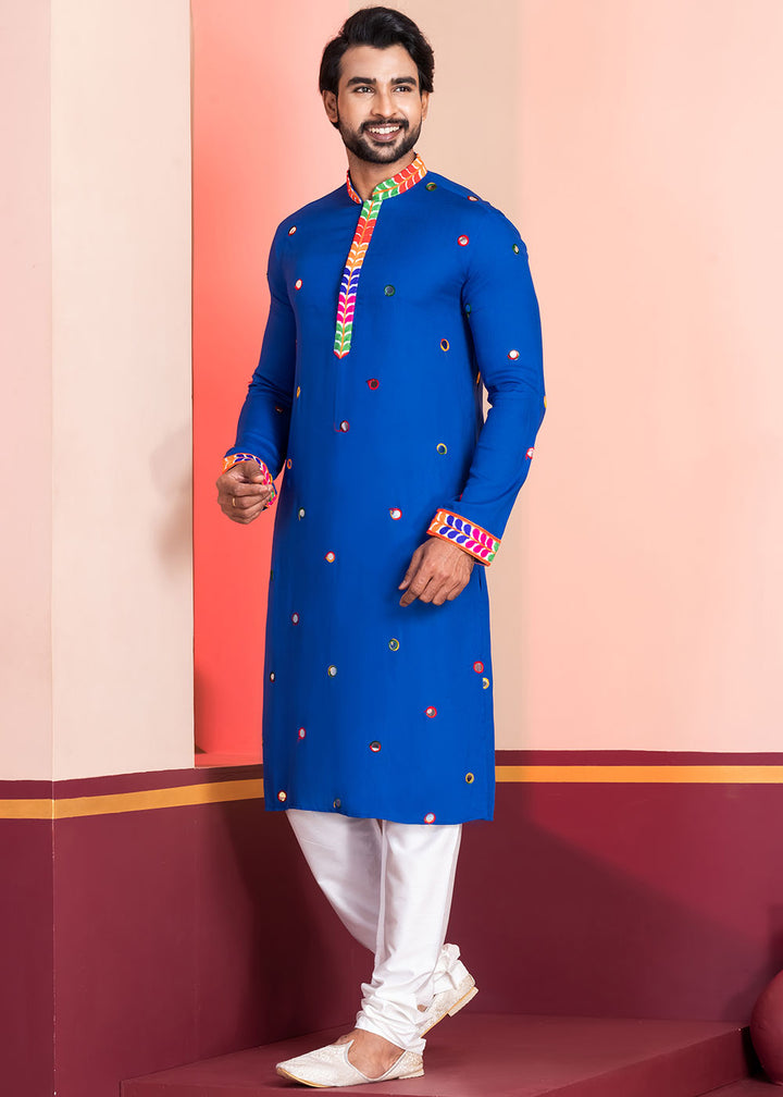 Medium Blue Rayon Kurta Pajama with Circular Mirror Embellishments