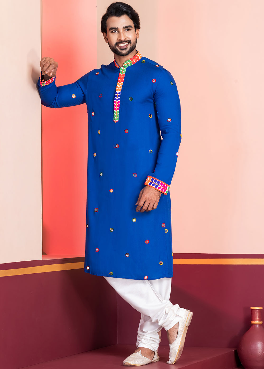 Medium Blue Rayon Kurta Pajama with Circular Mirror Embellishments