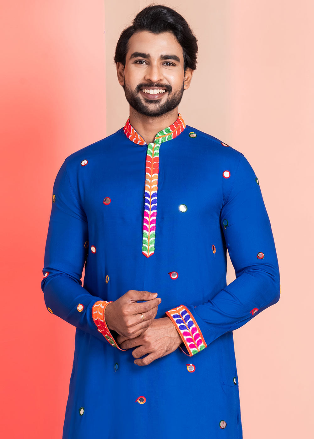 Medium Blue Rayon Kurta Pajama with Circular Mirror Embellishments