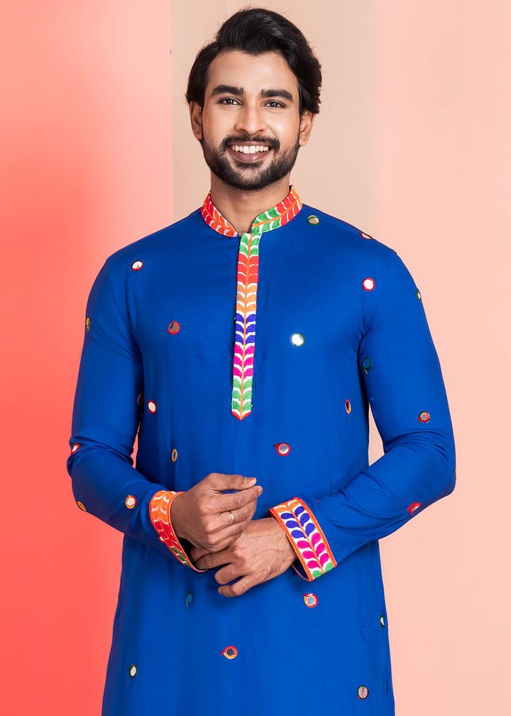 Medium Blue Rayon Kurta Pajama with Circular Mirror Embellishments
