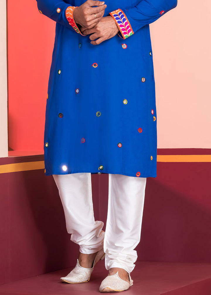 Medium Blue Rayon Kurta Pajama with Circular Mirror Embellishments