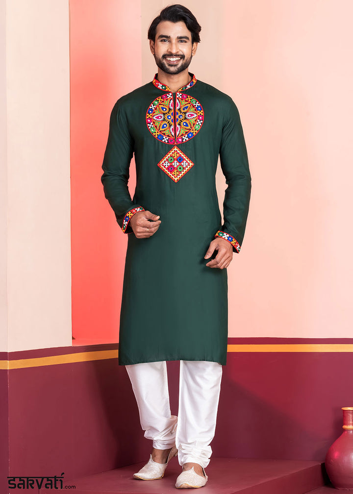 Brunswick Green Rayon Kurta Pajama with Mirrorwork &amp; Threaded Neckline