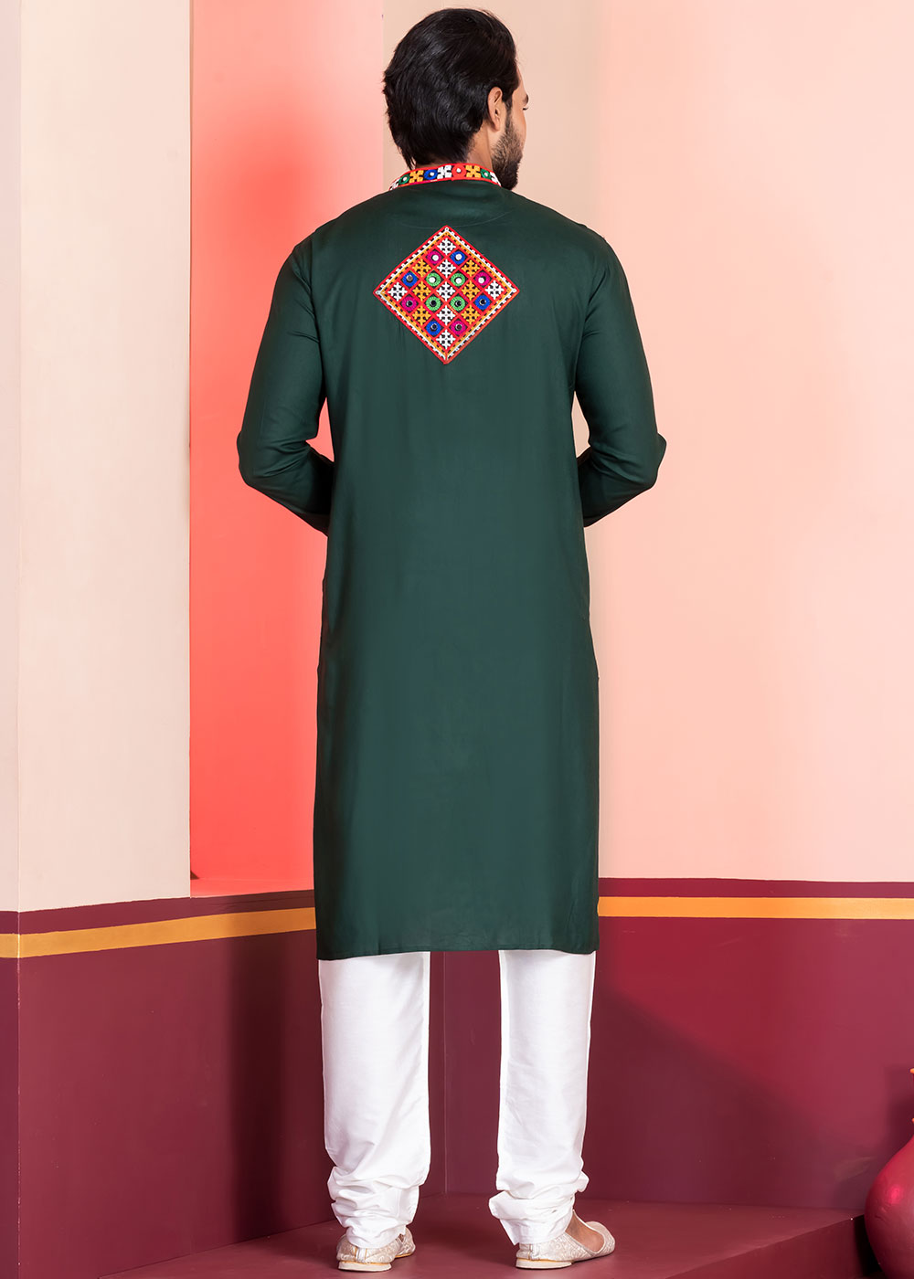 Brunswick Green Rayon Kurta Pajama with Mirrorwork & Threaded Neckline