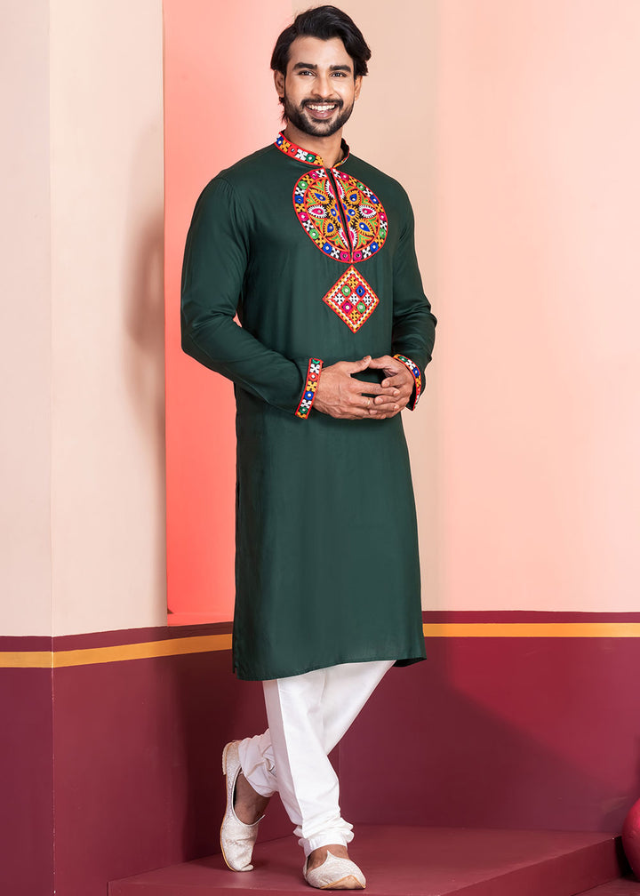 Brunswick Green Rayon Kurta Pajama with Mirrorwork &amp; Threaded Neckline