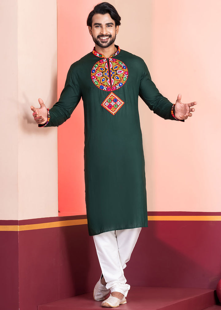 Brunswick Green Rayon Kurta Pajama with Mirrorwork &amp; Threaded Neckline