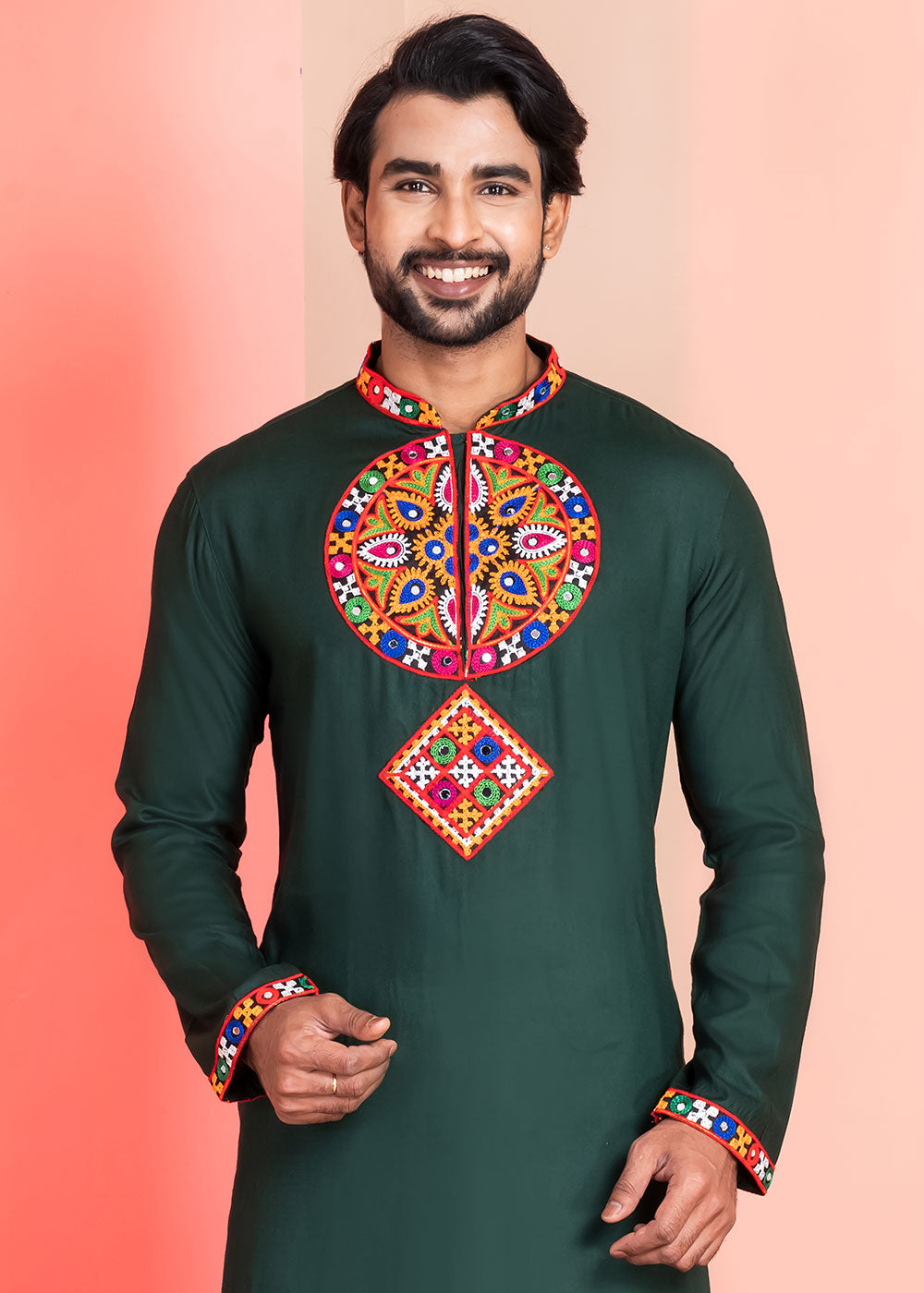 Brunswick Green Rayon Kurta Pajama with Mirrorwork &amp; Threaded Neckline