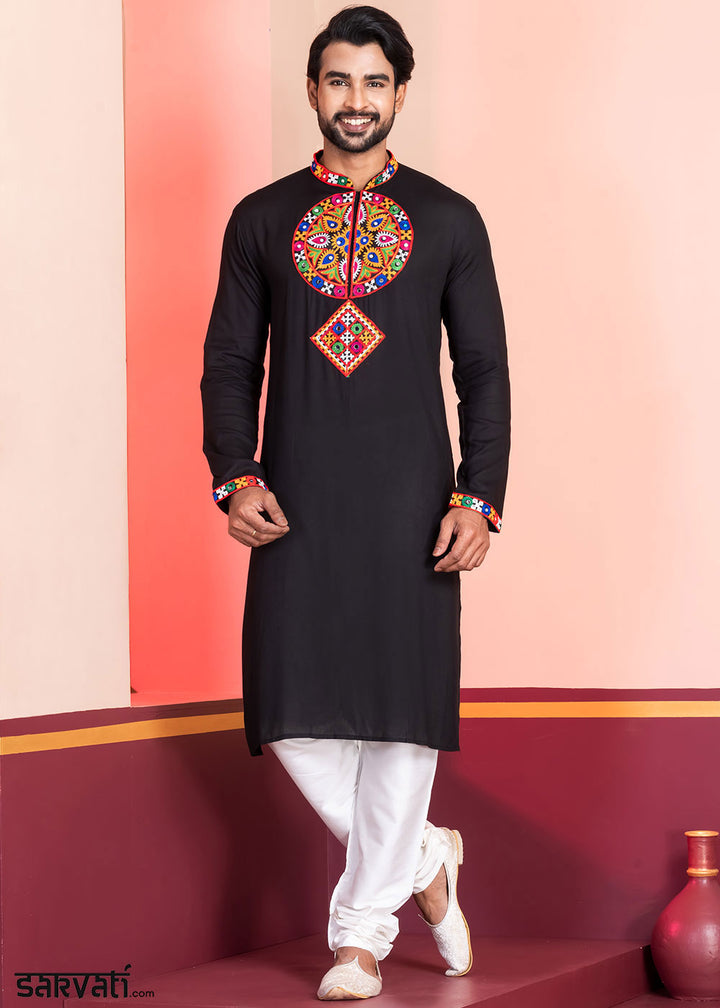Slate Black Rayon Kurta Pajama with Mirrorwork &amp; Threaded Neckline