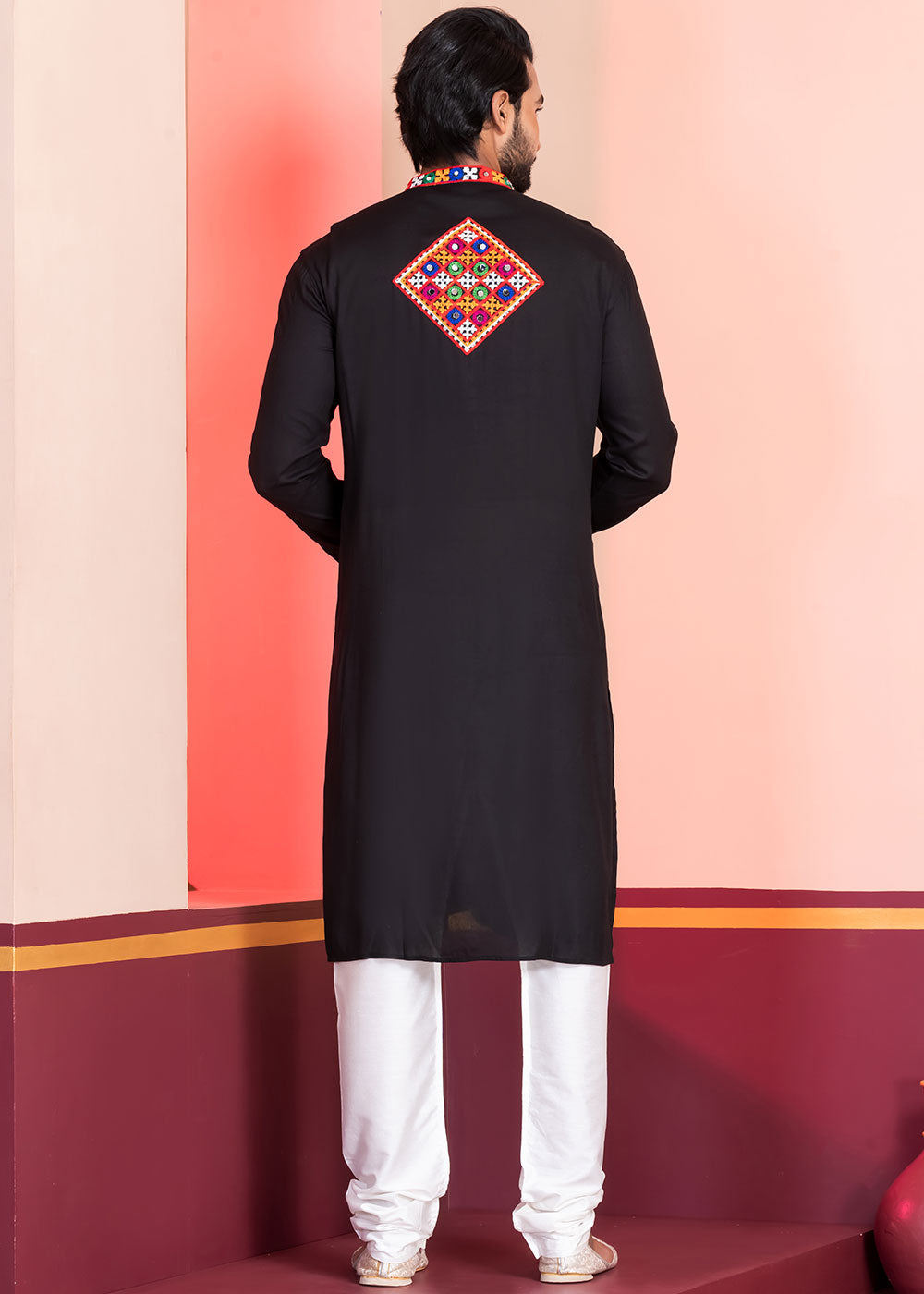 Slate Black Rayon Kurta Pajama with Mirrorwork & Threaded Neckline
