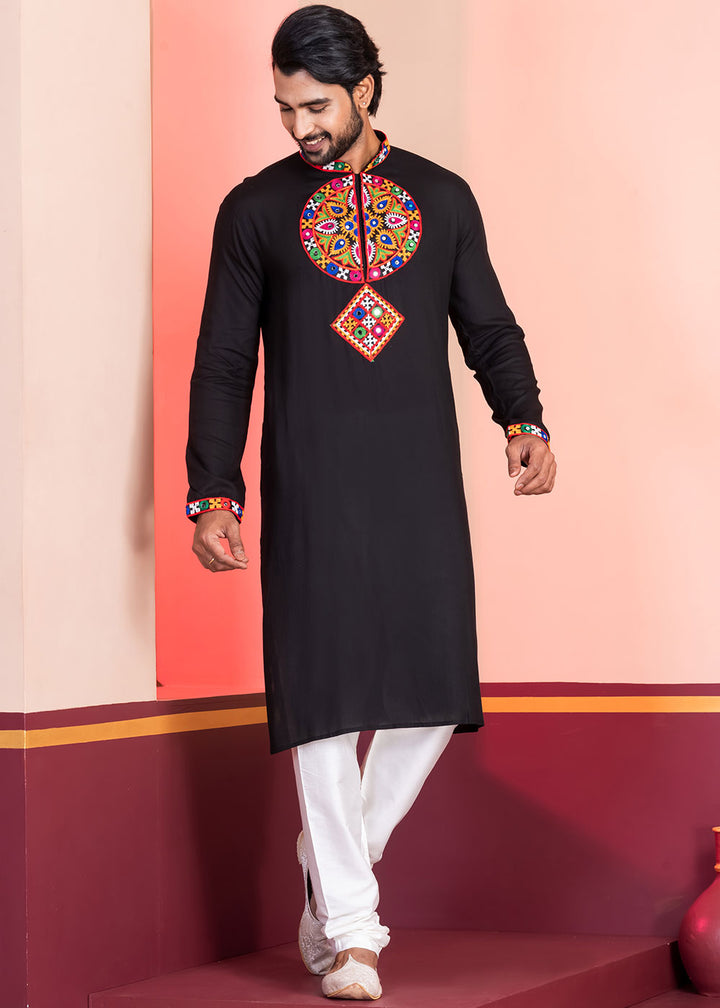 Slate Black Rayon Kurta Pajama with Mirrorwork &amp; Threaded Neckline