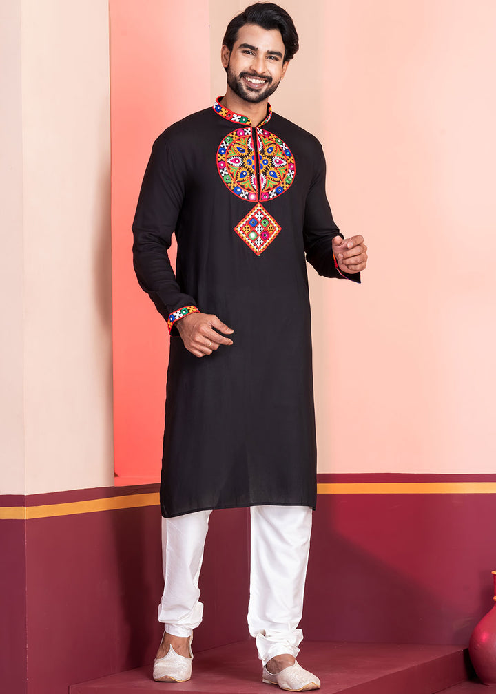 Slate Black Rayon Kurta Pajama with Mirrorwork &amp; Threaded Neckline