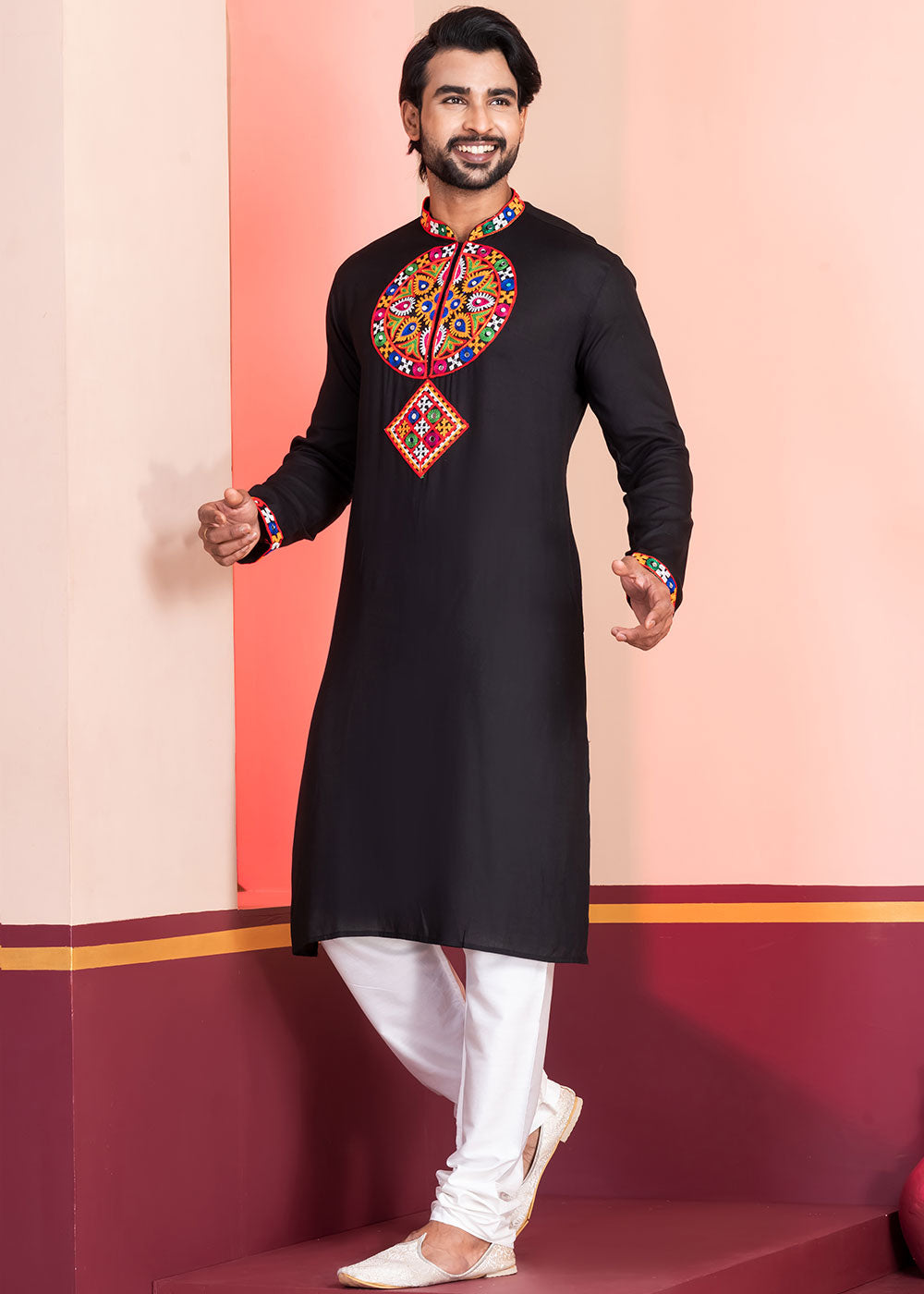 Slate Black Rayon Kurta Pajama with Mirrorwork &amp; Threaded Neckline