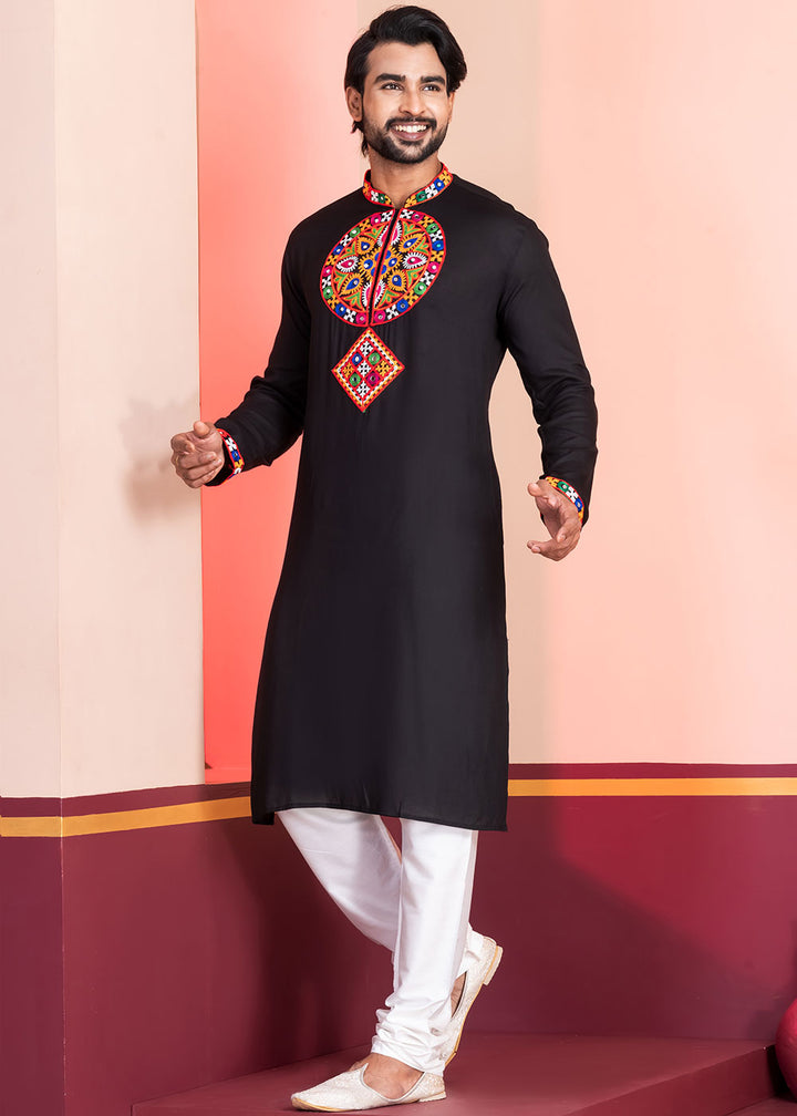 Slate Black Rayon Kurta Pajama with Mirrorwork &amp; Threaded Neckline