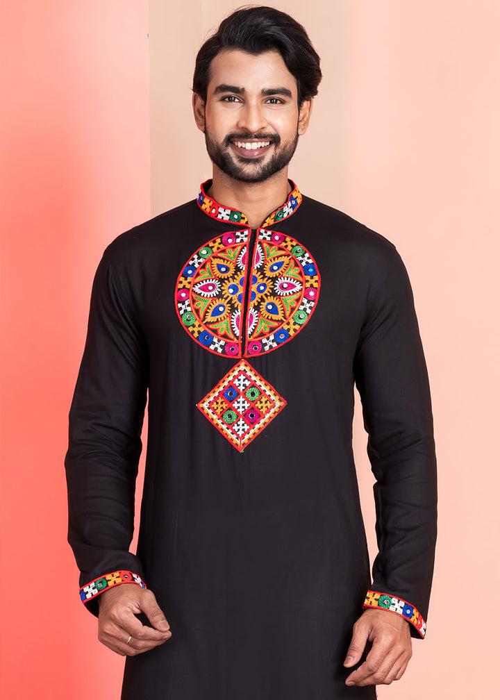 Slate Black Rayon Kurta Pajama with Mirrorwork &amp; Threaded Neckline