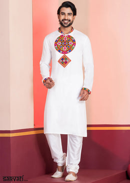 Pure White Rayon Kurta Pajama with Mirrorwork & Threaded Neckline