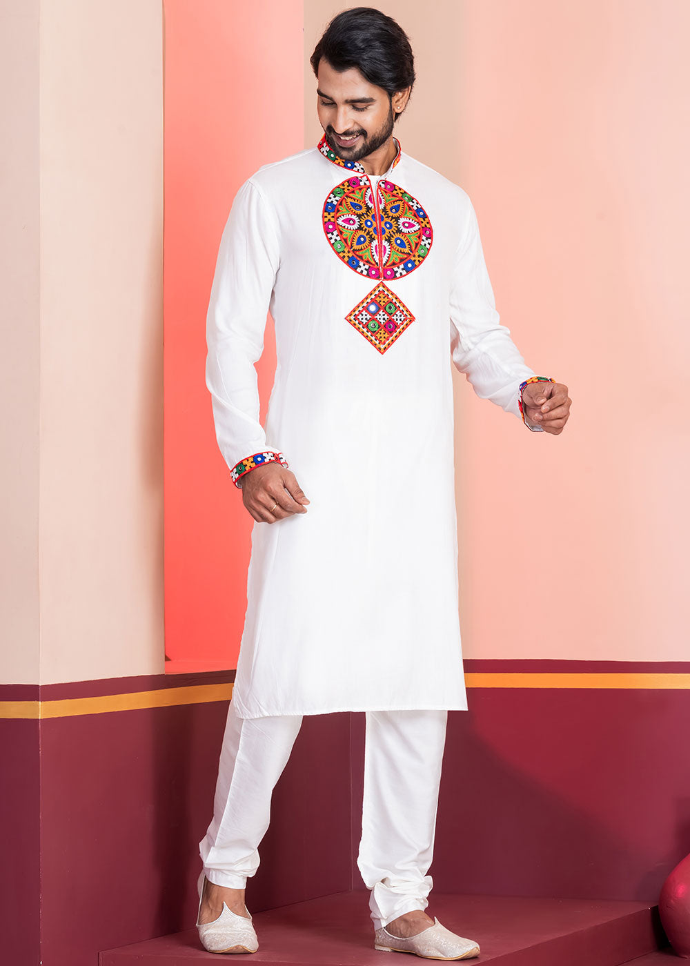 Pure White Rayon Kurta Pajama with Mirrorwork &amp; Threaded Neckline