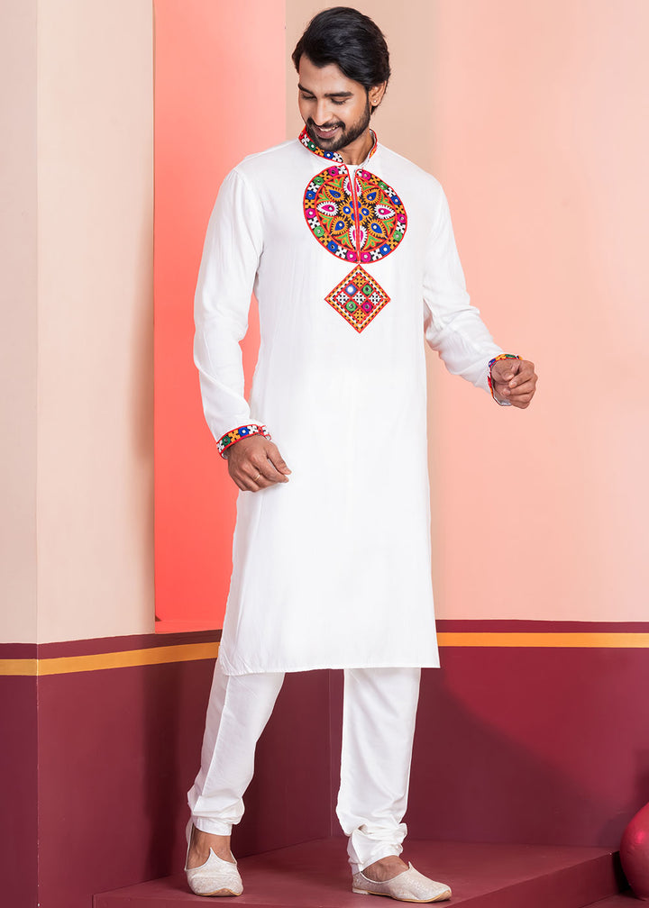 Pure White Rayon Kurta Pajama with Mirrorwork &amp; Threaded Neckline