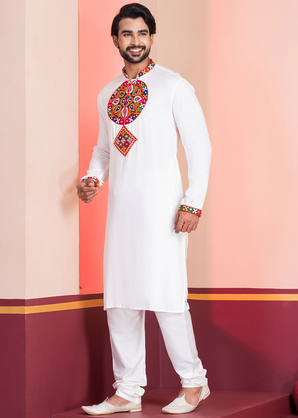 Pure White Rayon Kurta Pajama with Mirrorwork &amp; Threaded Neckline