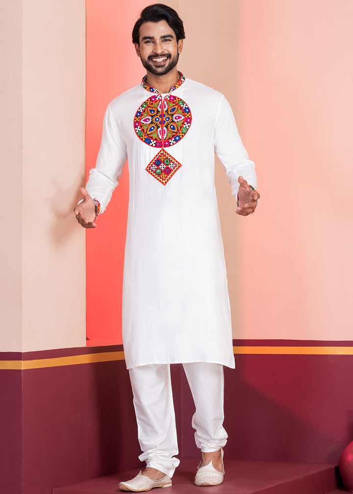 Pure White Rayon Kurta Pajama with Mirrorwork &amp; Threaded Neckline