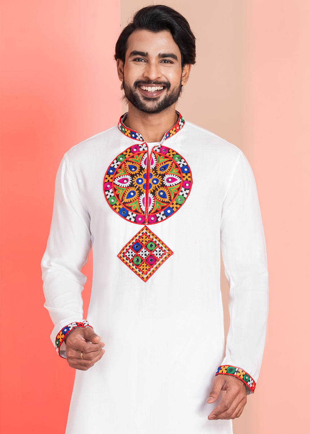 Pure White Rayon Kurta Pajama with Mirrorwork &amp; Threaded Neckline