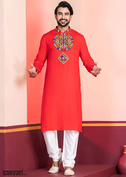Scarlet Red Rayon Kurta Pajama with Mirrorwork & Threaded Neckline