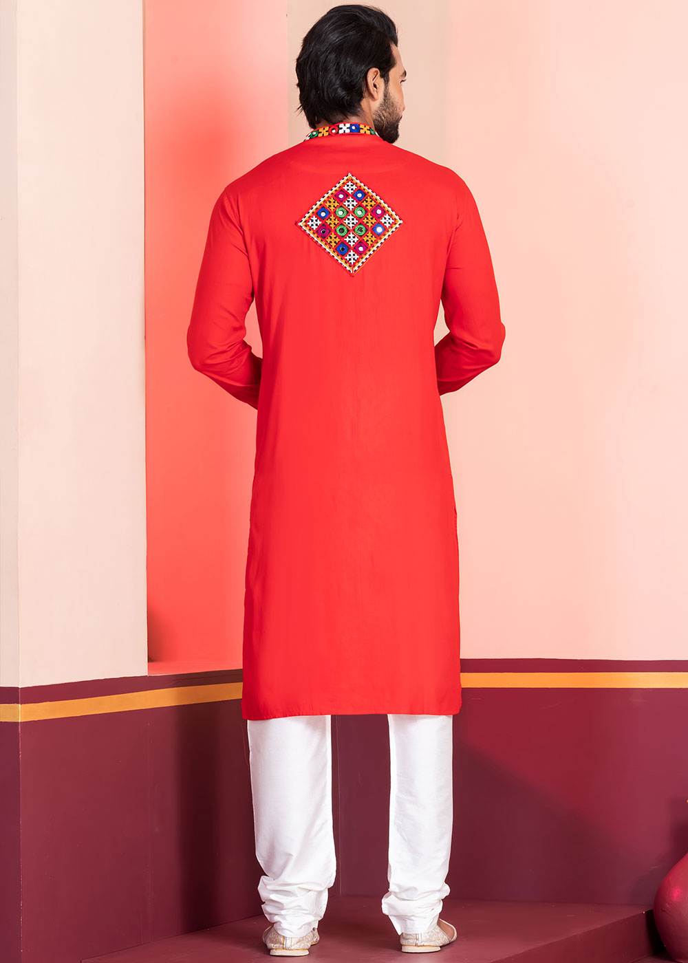 Scarlet Red Rayon Kurta Pajama with Mirrorwork & Threaded Neckline