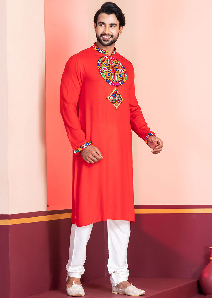 Scarlet Red Rayon Kurta Pajama with Mirrorwork &amp; Threaded Neckline