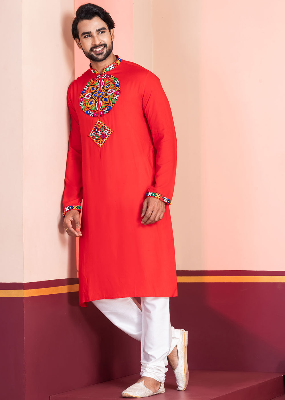 Scarlet Red Rayon Kurta Pajama with Mirrorwork &amp; Threaded Neckline