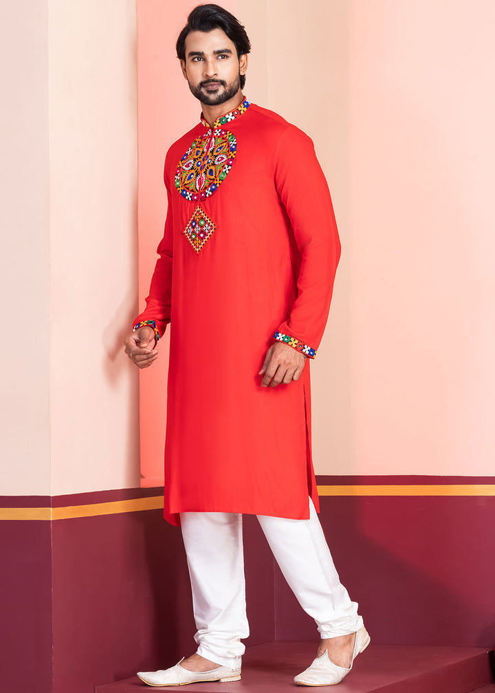 Scarlet Red Rayon Kurta Pajama with Mirrorwork &amp; Threaded Neckline