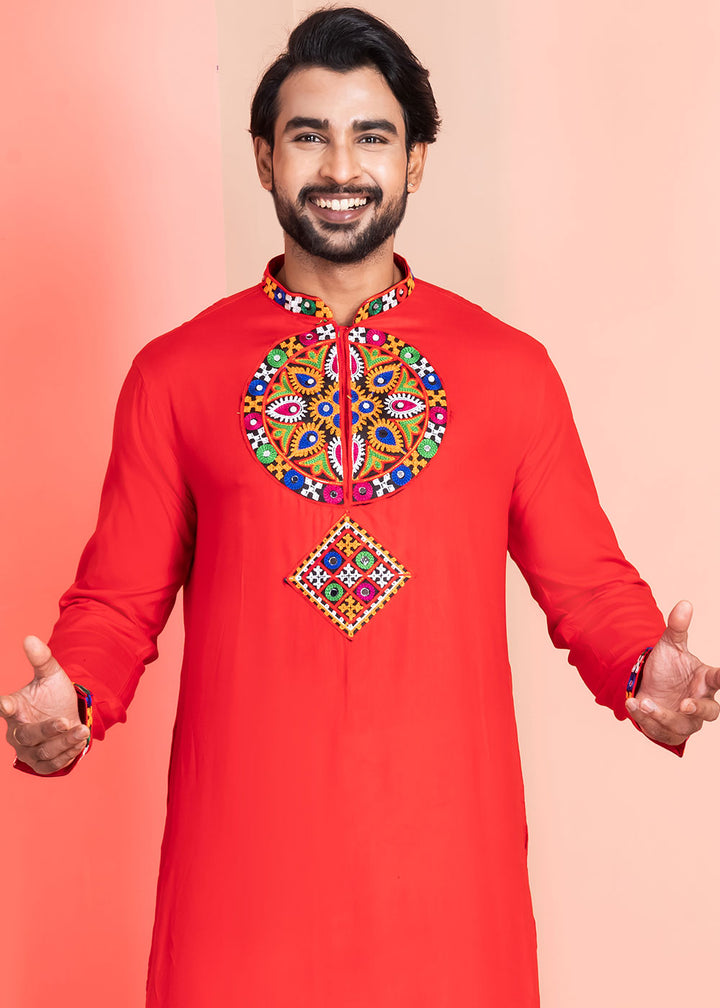 Scarlet Red Rayon Kurta Pajama with Mirrorwork &amp; Threaded Neckline