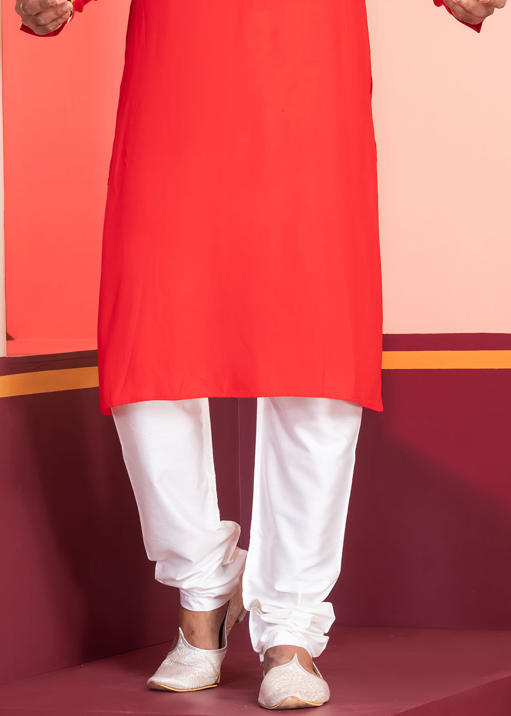 Scarlet Red Rayon Kurta Pajama with Mirrorwork &amp; Threaded Neckline