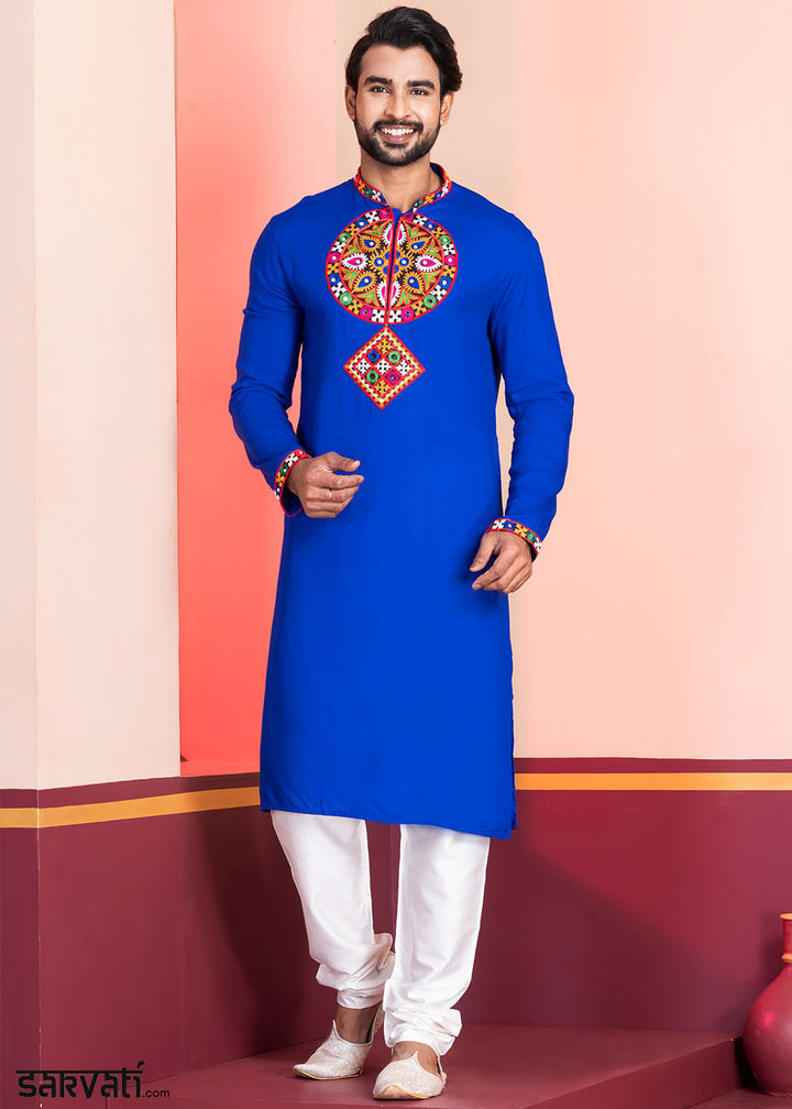 Medium Blue Rayon Kurta Pajama with Mirrorwork &amp; Threaded Neckline