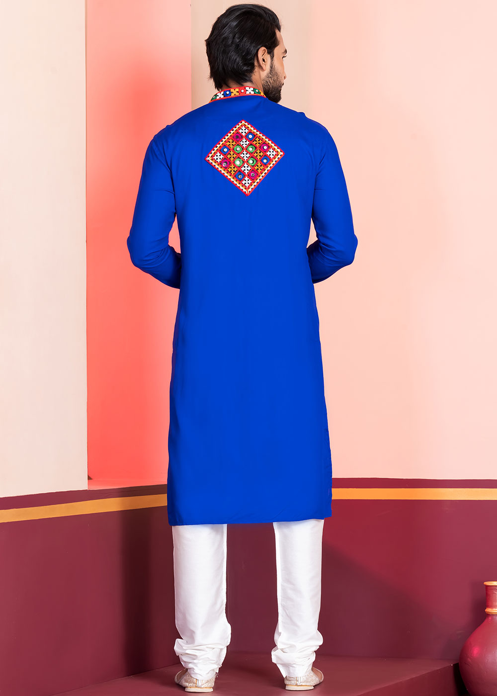 Medium Blue Rayon Kurta Pajama with Mirrorwork & Threaded Neckline