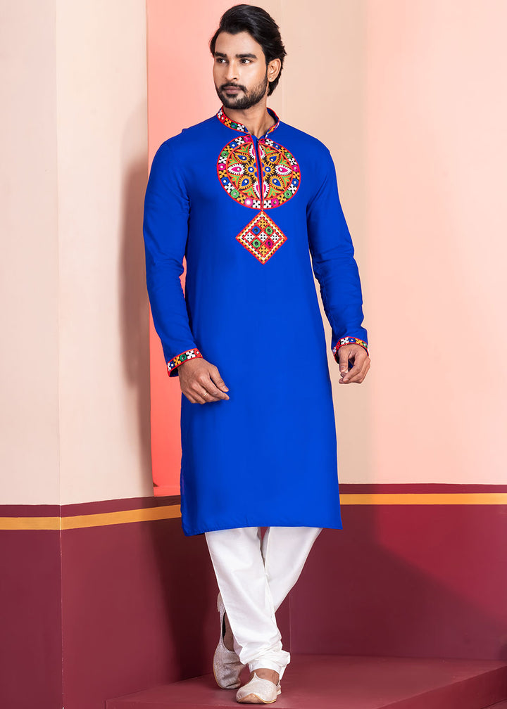Medium Blue Rayon Kurta Pajama with Mirrorwork &amp; Threaded Neckline