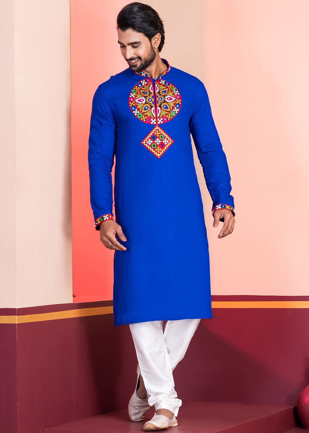 Medium Blue Rayon Kurta Pajama with Mirrorwork &amp; Threaded Neckline