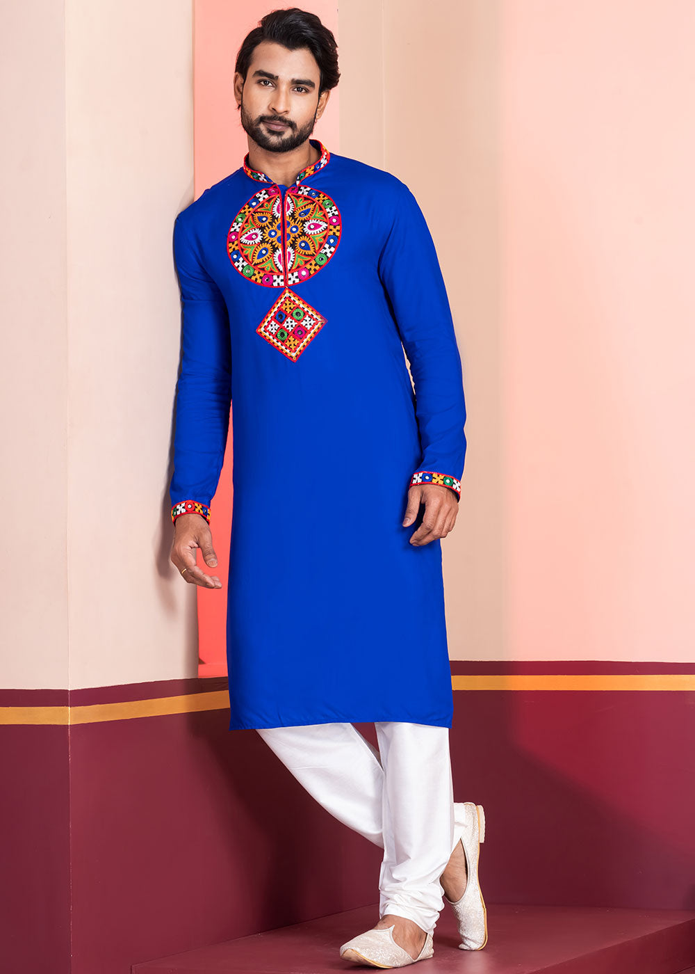 Medium Blue Rayon Kurta Pajama with Mirrorwork &amp; Threaded Neckline