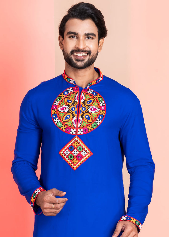 Medium Blue Rayon Kurta Pajama with Mirrorwork &amp; Threaded Neckline