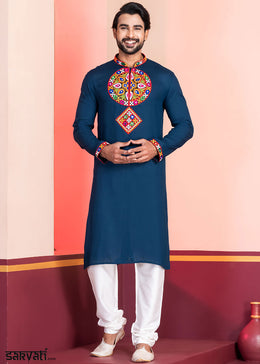 Midnight Blue Rayon Kurta Pajama with Mirrorwork & Threaded Neckline