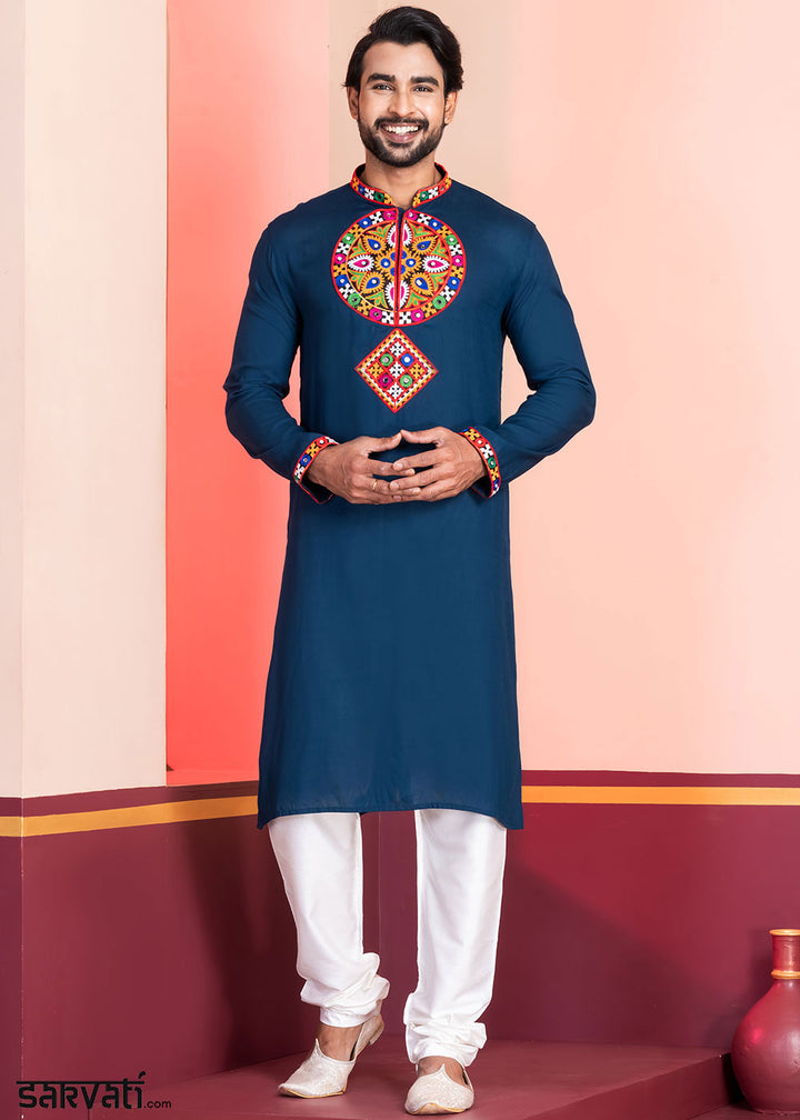 Midnight Blue Rayon Kurta Pajama with Mirrorwork &amp; Threaded Neckline